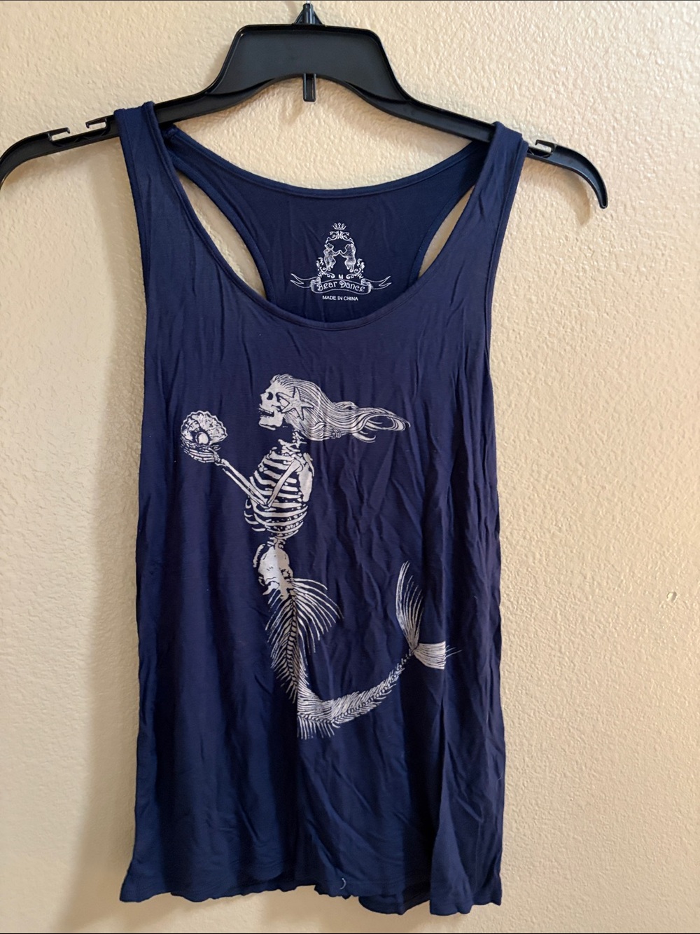 Bear Dance Dark Blue Tank with White Mermaid Skeleton Graphic